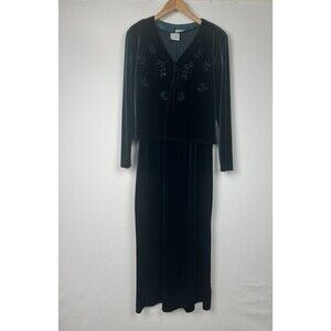 Vintage Forest Green Velvet Maxi Dress & Jacket Beaded Y2K Shoulder Pads USA 12